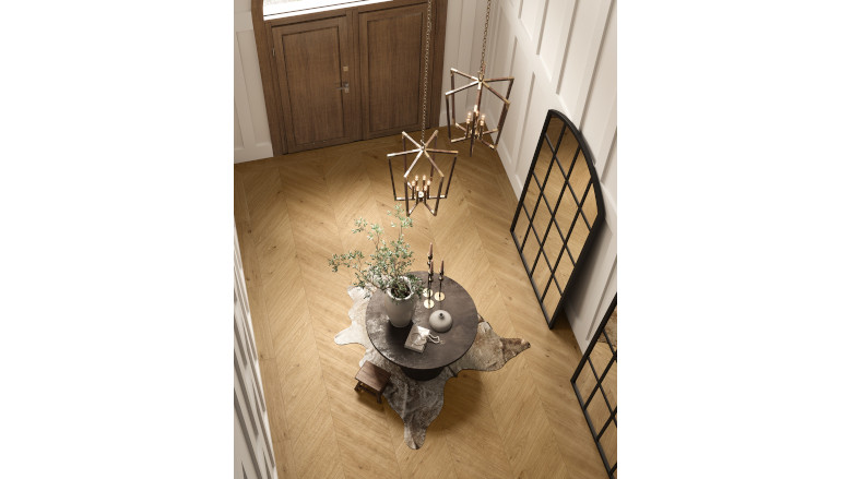 wood look tile in herringbone pattern