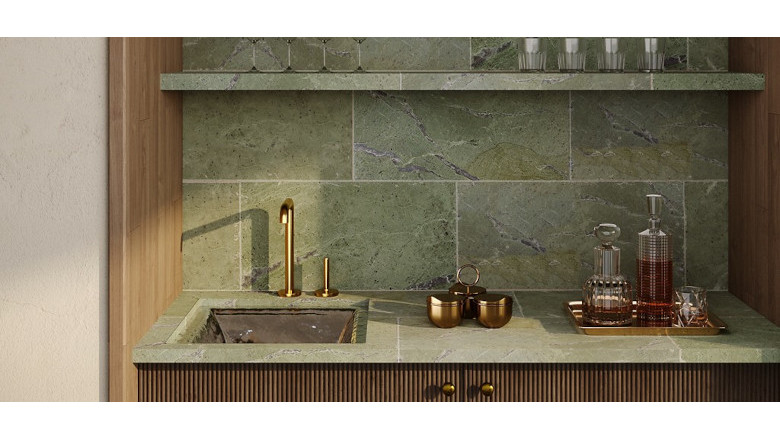 green stone backsplash