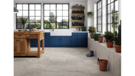 kitchen with blue cabinets