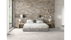 stone look wall tile in bedroom