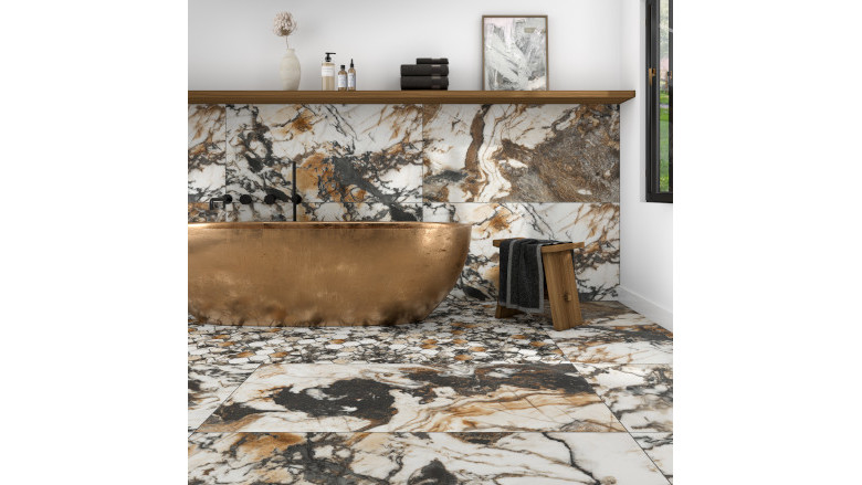 white gold and black marble veins in bathroom floor tile