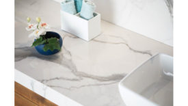 white marble look bathroom countertop