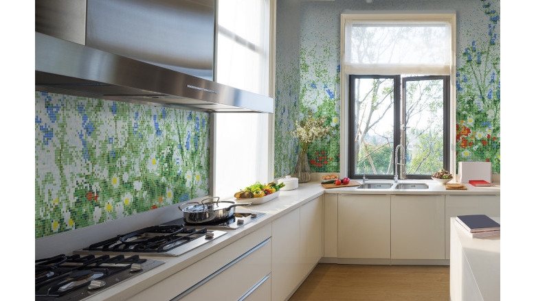 kitchen mural made of flower tiles