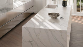 white marble look quartz on countertop island