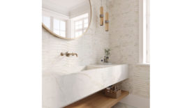 white and gold marble-look tile in bathroom