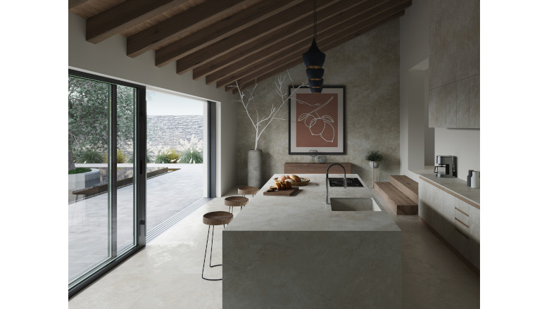 cream colored countertop and floors in kitchen made of sintered stone