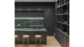 green countertop and cabinets in kitchen