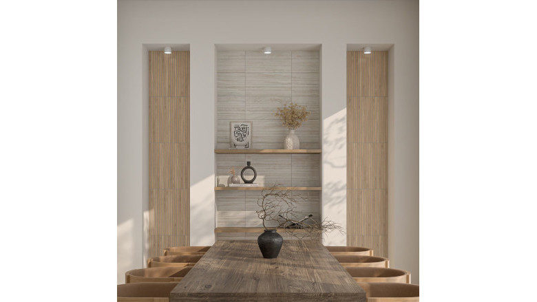 travertine looking tile in dining room