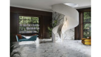 white marble look tile with gold veining on floor